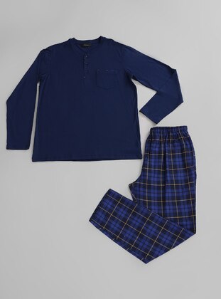 Navy Blue - Button Collar - Plaid - Pyjama Set - Alissa