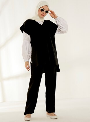 Black - Unlined - V neck Collar - Knit Suits - Womayy