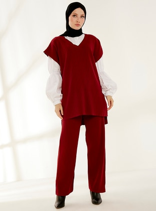 Ribbed V-Neck Sweater Suit Burgundy