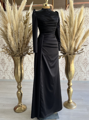 Black - Fully Lined - Crew neck - Modest Evening Dress - Aslan Polat