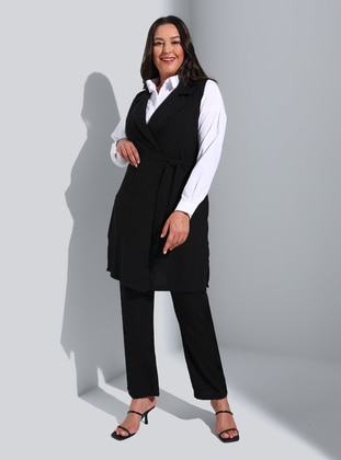Black - Double-Breasted - Unlined - Plus Size Suit - Alia