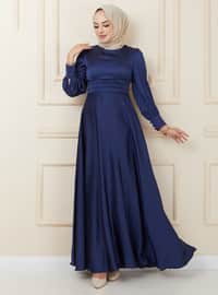 Belt Detailed Hijab Evening Dress With Pleated Detail Navy Blue