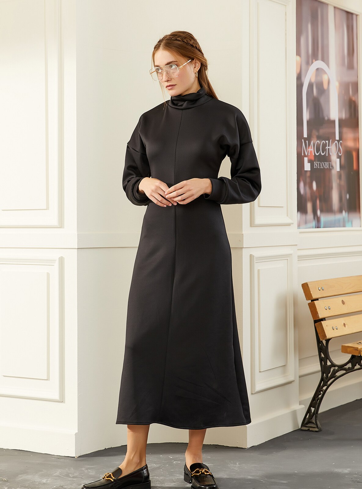 Black - Polo neck - Unlined - Modest Dress