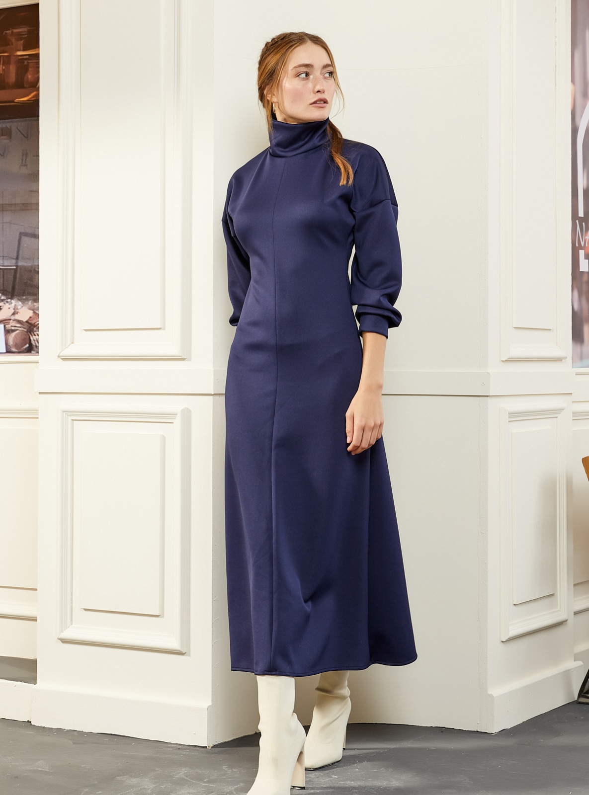 Navy Blue - Polo neck - Unlined - Modest Dress