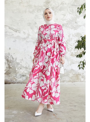 Floral Pattern Modest Dress Fuchsia