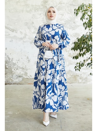 431 Floral Pattern Modest Dress Indigo
