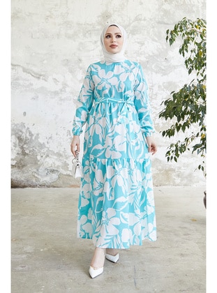 Floral Pattern Modest Dress Turquoise
