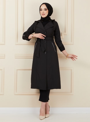 Black - Unlined - Double-Breasted - Trench Coat - Olcay