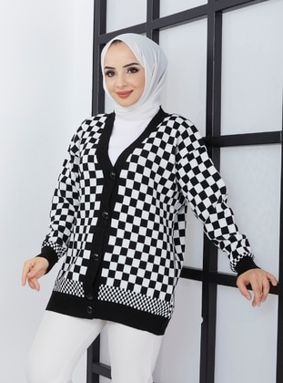 Black - Checkered - Unlined - Knit Cardigan - SAHRA BUTİK