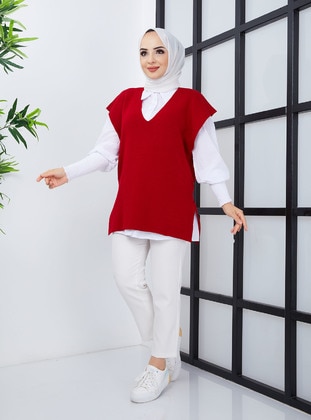 Unlined - Red - Knit Sweater - SAHRA BUTİK