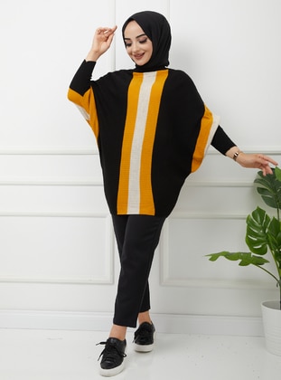 Black - Stripe - Boat neck - Unlined - Knit Tunics - SAHRA BUTİK