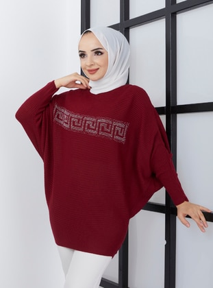 Bat Sleeve Tricot Tunic Burgundy With Stone Front
