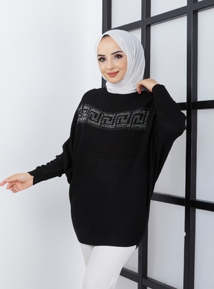 Bat Sleeve Sweater Tunic With Stone Front Black