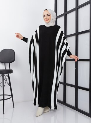 Black - Stripe - Unlined - Boat neck - Knit Dresses - SAHRA BUTİK