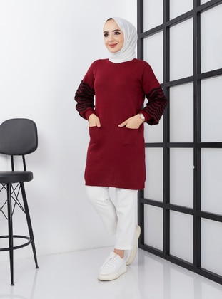 Zigzag Sweater Tunic With Terry Sleeves Burgundy