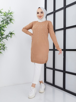 Pearl Embellished Tricot Tunic Beige