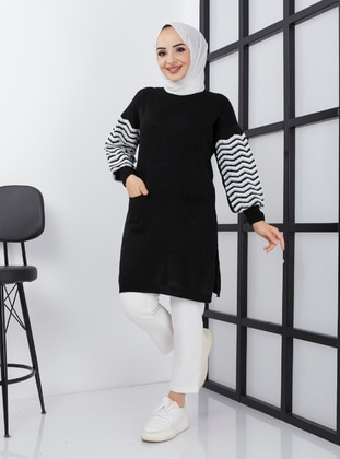 Zigzag Sweater Tunic With Terry Sleeves Black