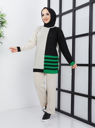 Green Striped Pants Knitwear Co-Ord Set Ecru