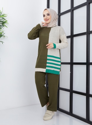 Green Striped Pants Knitwear Co-Ord Set Khaki