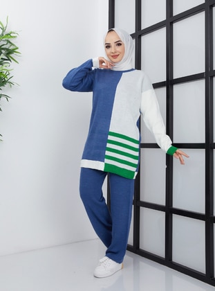 Green Striped Pants Knitwear Co-Ord Set Indigo