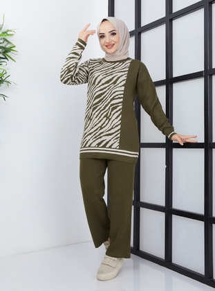 Zebra Patterned Knitwear Co-Ord Set With Pants Khaki