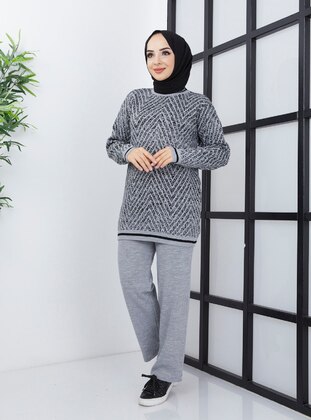 Zigzag Patterned Knitwear Co-Ord Set With Pants Gray