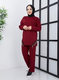 Knitwear Co-Ord Set With Chain Pants Burgundy