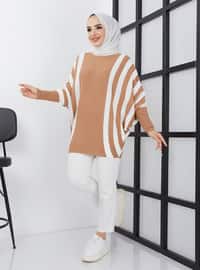 Vertical Striped Bat Sweater Tunic Beige