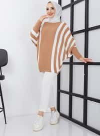 Vertical Striped Bat Sweater Tunic Beige
