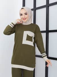 Knitwear Co-Ord Set With Pockets And Pants Khaki