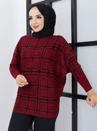 Patterned Bat Sweater Tunic Burgundy