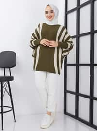 Vertical Striped Bat Sweater Tunic Khaki