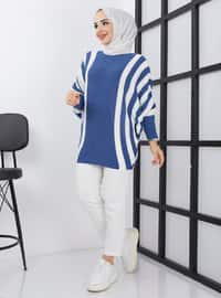 Vertical Striped Bat Sweater Tunic Indigo