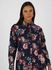 Natural Fabric Plus Size Floral Patterned Tunic Navy Blue