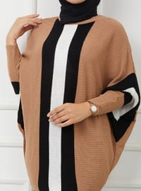 Beige - Stripe - Boat neck - Unlined - Knit Tunics