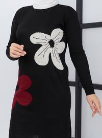 Black - Floral - Crew neck - Unlined - Knit Tunics