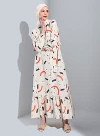 Terra Cotta - Cream - Floral - Crew neck - Unlined - Modest Dress