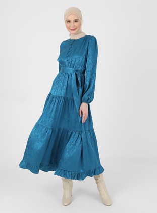 Brit Button Down Jacquard Satin Modest Dress Petrol Blue