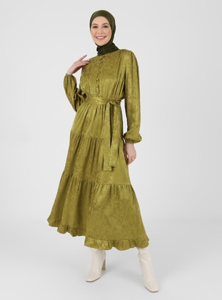Brit Button Down Jacquard Satin Modest Dress Oil Green