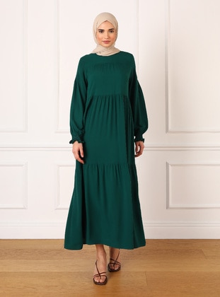 Natural Fabric Sleeve Ends Gipe Detailed Modest Dress Green