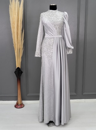 Gray - Silvery - Fully Lined - Crew neck - Modest Evening Dress - MİNELİA