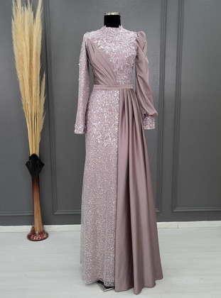 Violet - Silvery - Fully Lined - Crew neck - Modest Evening Dress - MİNELİA