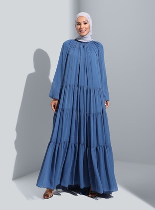Wide Cut Chiffon Hijab Evening Dress With Gipe Detailed Collar Midnight Blue