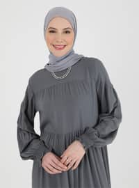 Natural Fabric Sleeve Ends Gipe Detailed Modest Dress Granite