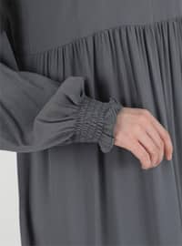 Natural Fabric Sleeve Ends Gipe Detailed Modest Dress Granite