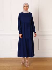Natural Fabric Modest Dress With Gipe Detailed Sleeve Ends Navy Blue