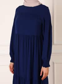 Natural Fabric Modest Dress With Gipe Detailed Sleeve Ends Navy Blue