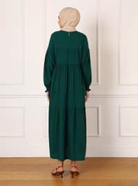 Natural Fabric Sleeve Ends Gipe Detailed Modest Dress Green