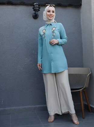 Mint - Floral - Crew neck - Button Collar - Point Collar - Tunic - Tofisa