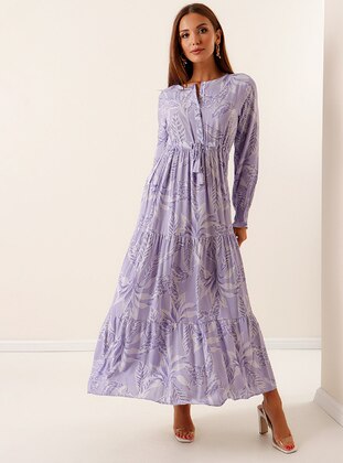 Lilac - Multi - Button Collar - Modest Dress - By Saygı